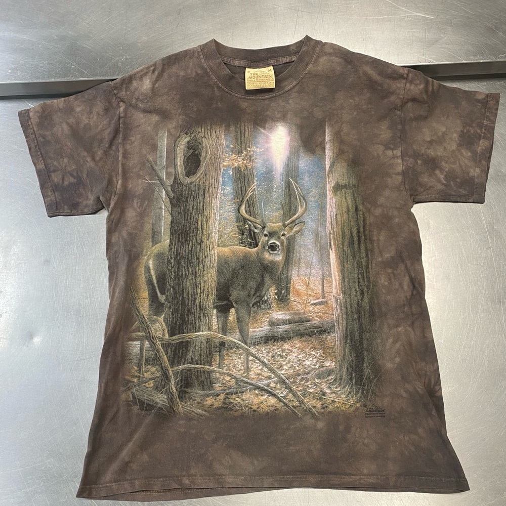 Vintage men's brown tie-dye The Mountain Deer Buck AOP Graphic T Shirt Sz M